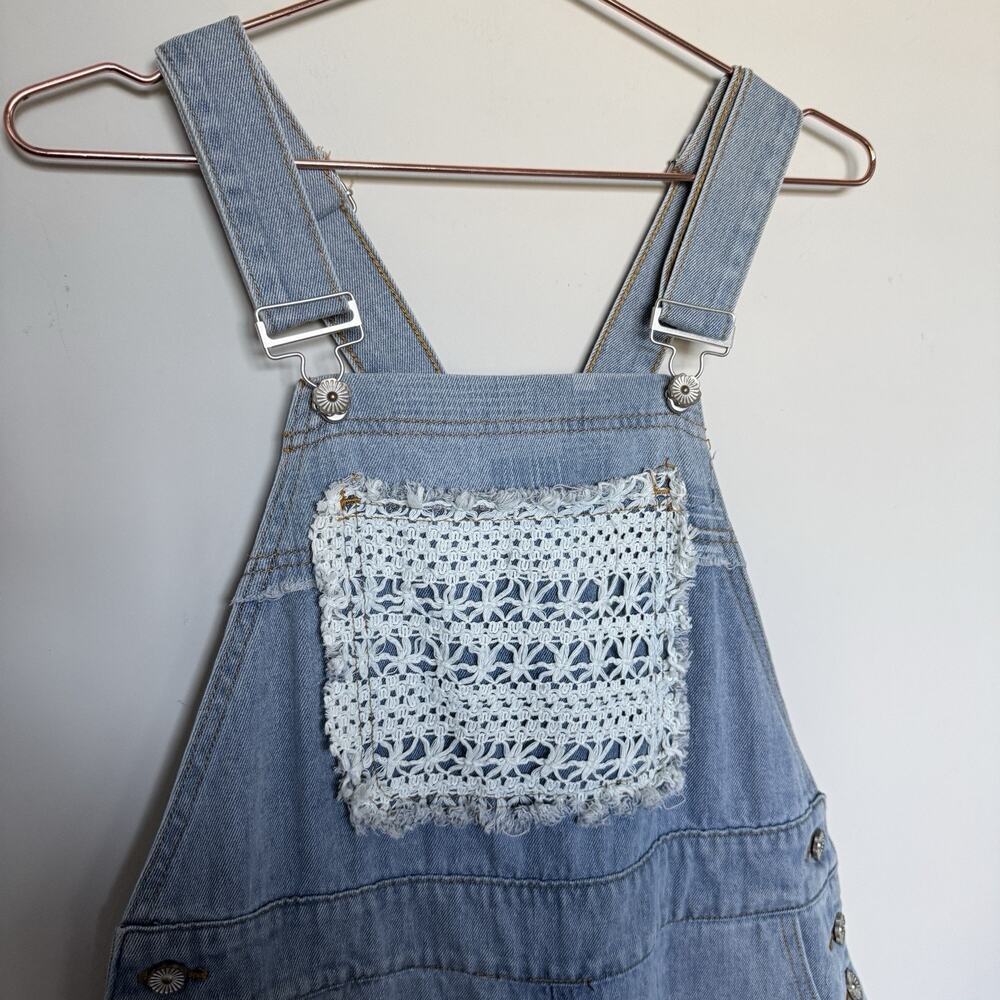 POL Womens Lace Patchwork Wide Leg Denim Overalls Small Cottagecore Bohemian - Picture 3 of 11